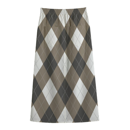 Brown And White Argyle Pattern Print Cotton Front Slit Maxi Skirt