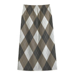 Brown And White Argyle Pattern Print Cotton Front Slit Maxi Skirt