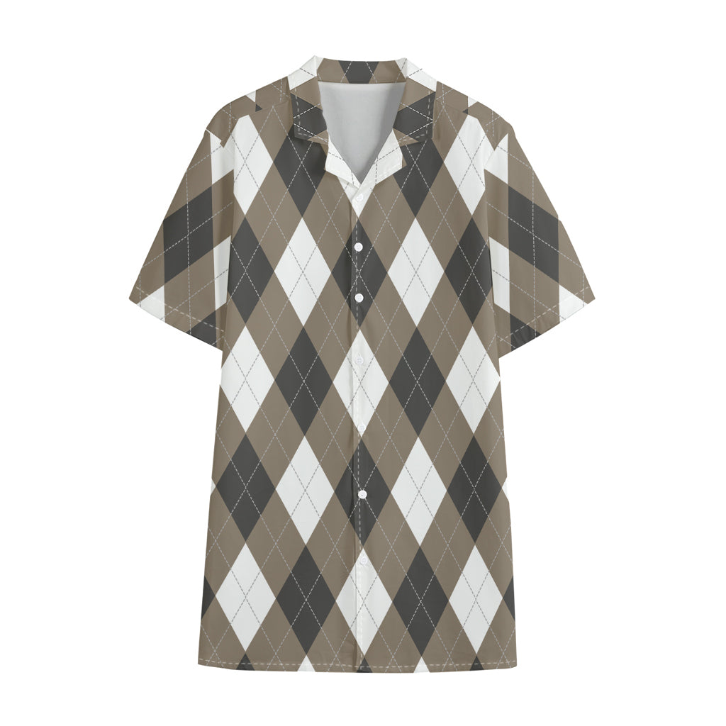 Brown And White Argyle Pattern Print Cotton Hawaiian Shirt