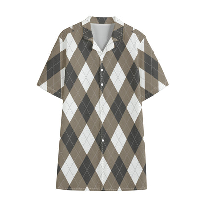 Brown And White Argyle Pattern Print Cotton Hawaiian Shirt