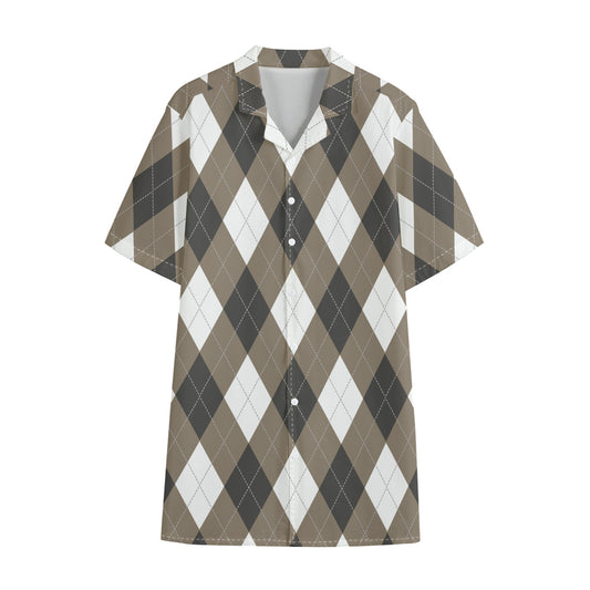 Brown And White Argyle Pattern Print Cotton Hawaiian Shirt