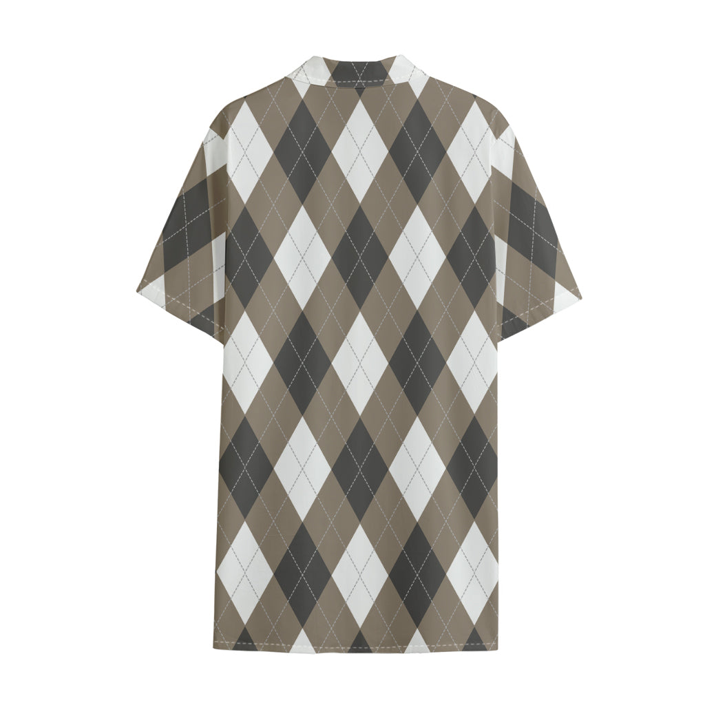Brown And White Argyle Pattern Print Cotton Hawaiian Shirt