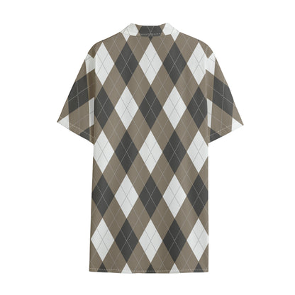 Brown And White Argyle Pattern Print Cotton Hawaiian Shirt