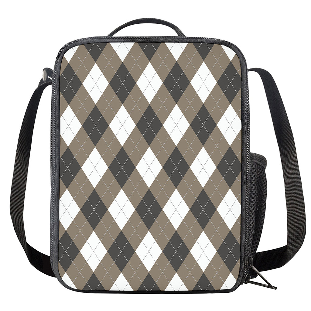 Brown And White Argyle Pattern Print Crossbody Lunch Bag