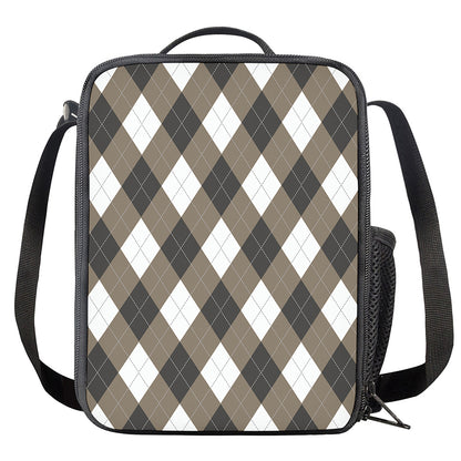 Brown And White Argyle Pattern Print Crossbody Lunch Bag