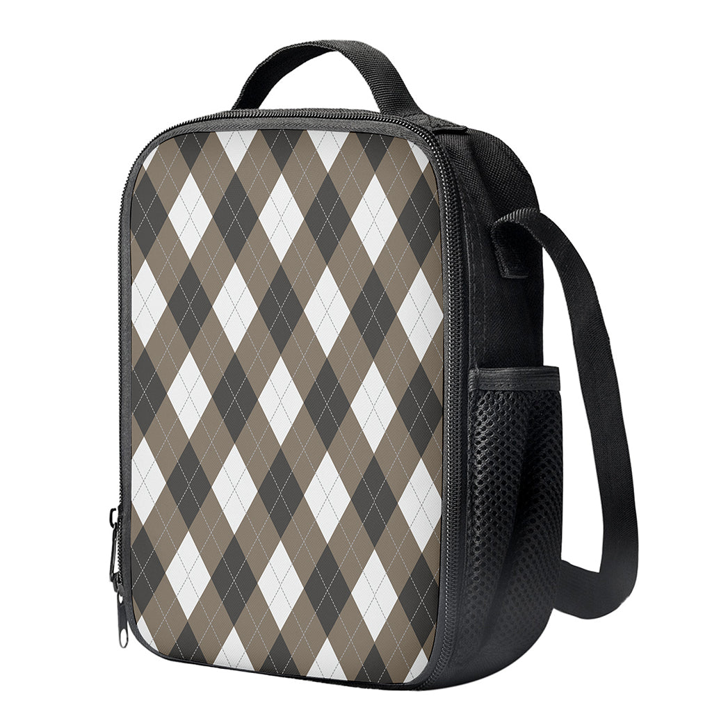 Brown And White Argyle Pattern Print Crossbody Lunch Bag
