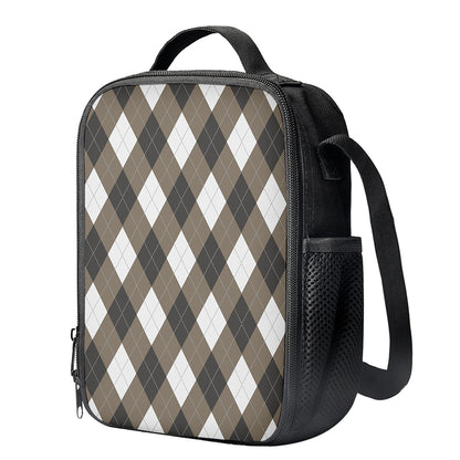 Brown And White Argyle Pattern Print Crossbody Lunch Bag