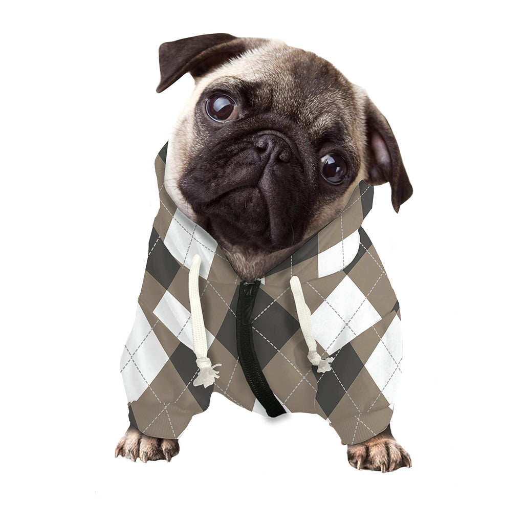 Brown And White Argyle Pattern Print Dog Zip Up Hoodie
