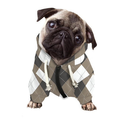 Brown And White Argyle Pattern Print Dog Zip Up Hoodie