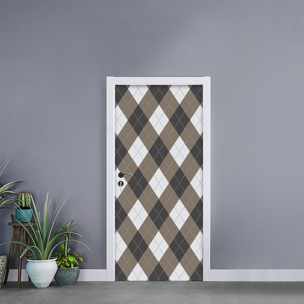 Brown And White Argyle Pattern Print Door Sticker