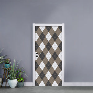 Brown And White Argyle Pattern Print Door Sticker