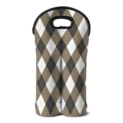 Brown And White Argyle Pattern Print Double Neoprene Wine Tote