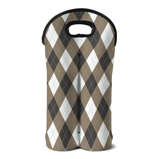 Brown And White Argyle Pattern Print Double Neoprene Wine Tote
