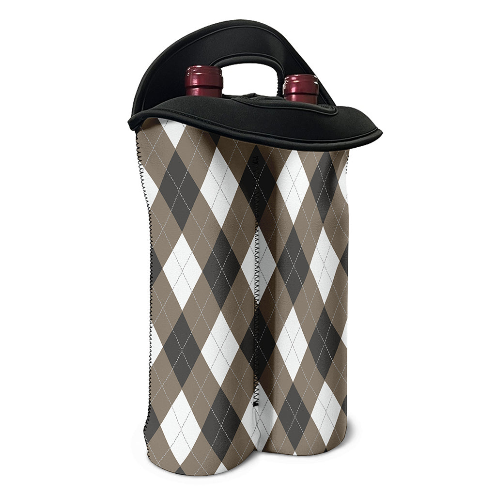 Brown And White Argyle Pattern Print Double Neoprene Wine Tote