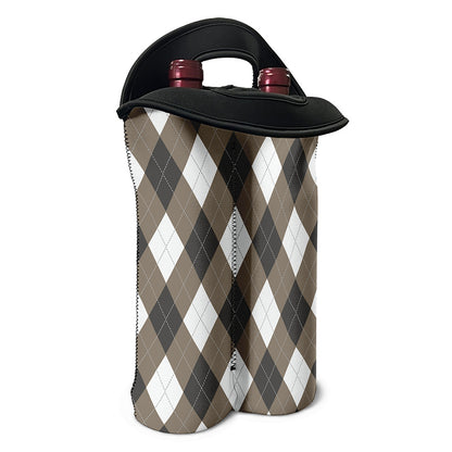 Brown And White Argyle Pattern Print Double Neoprene Wine Tote