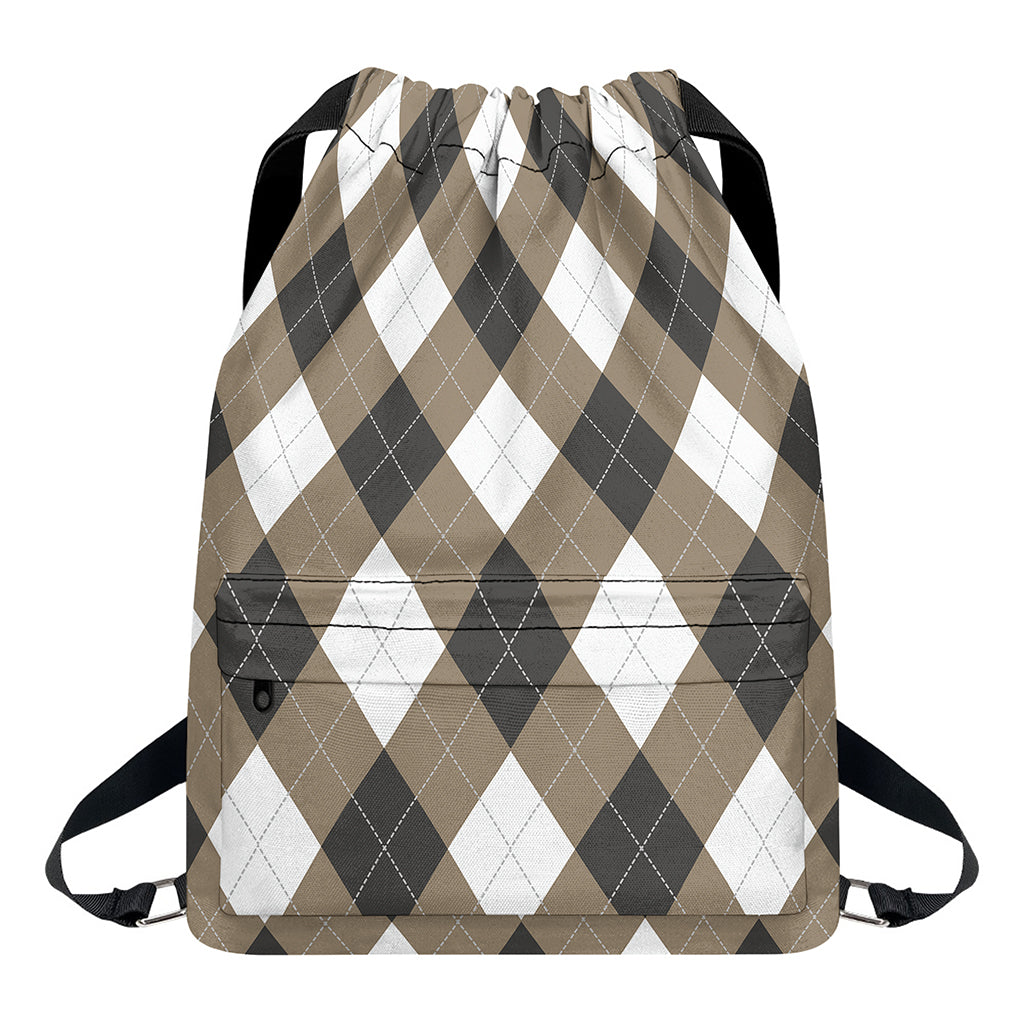 Brown And White Argyle Pattern Print Drawstring Backpack