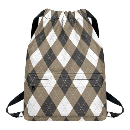 Brown And White Argyle Pattern Print Drawstring Backpack