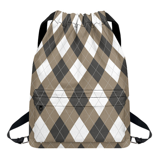 Brown And White Argyle Pattern Print Drawstring Backpack
