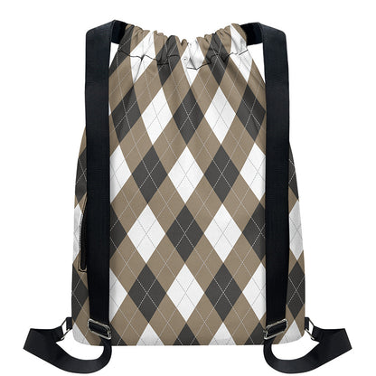 Brown And White Argyle Pattern Print Drawstring Backpack