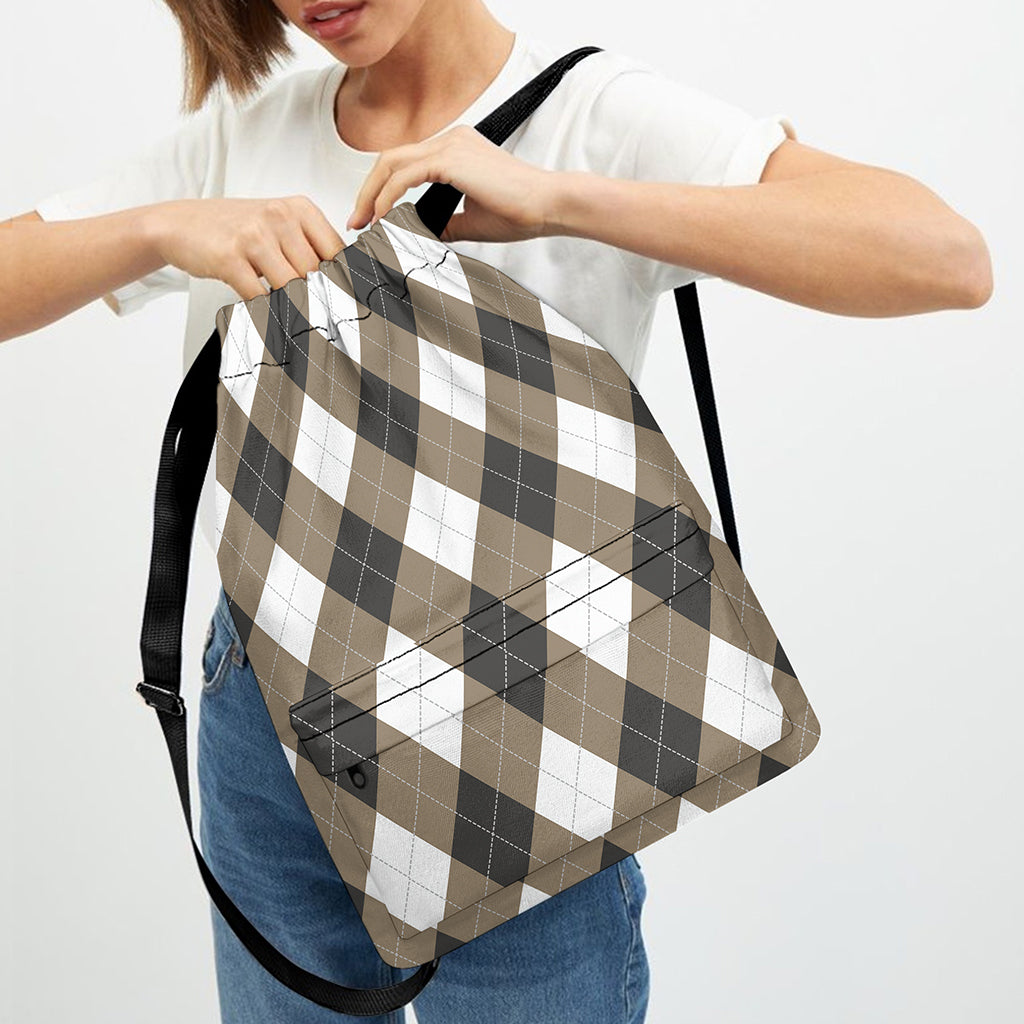 Brown And White Argyle Pattern Print Drawstring Backpack