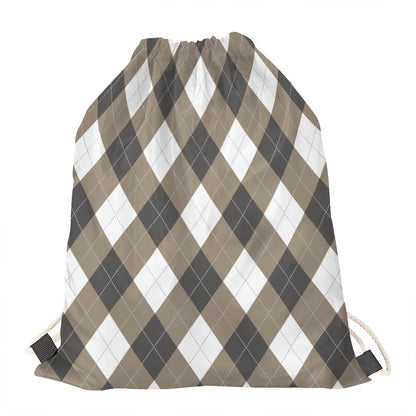 Brown And White Argyle Pattern Print Drawstring Bag