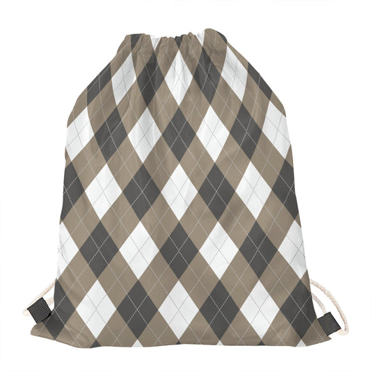 Brown And White Argyle Pattern Print Drawstring Bag