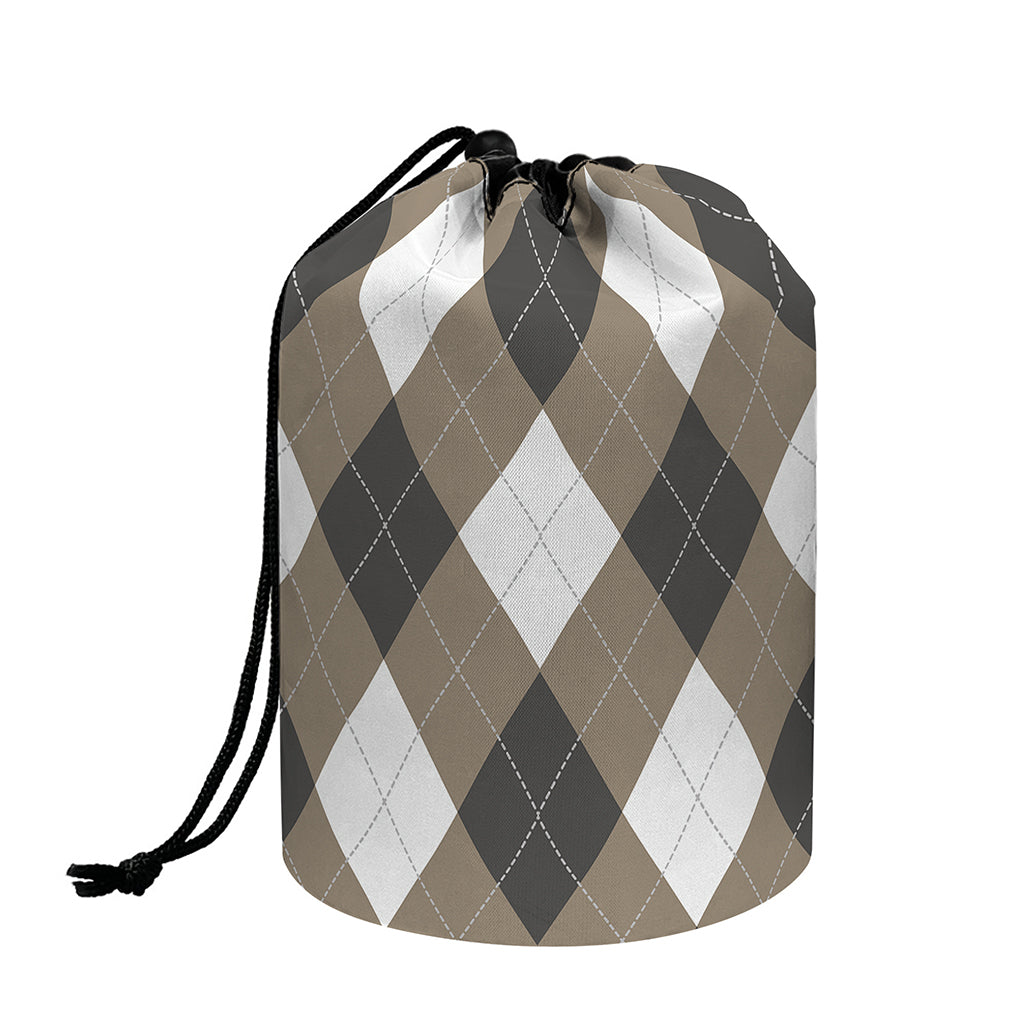 Brown And White Argyle Pattern Print Drawstring Makeup Bag