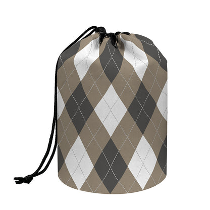 Brown And White Argyle Pattern Print Drawstring Makeup Bag