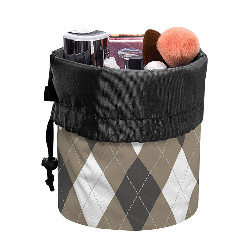 Brown And White Argyle Pattern Print Drawstring Makeup Bag