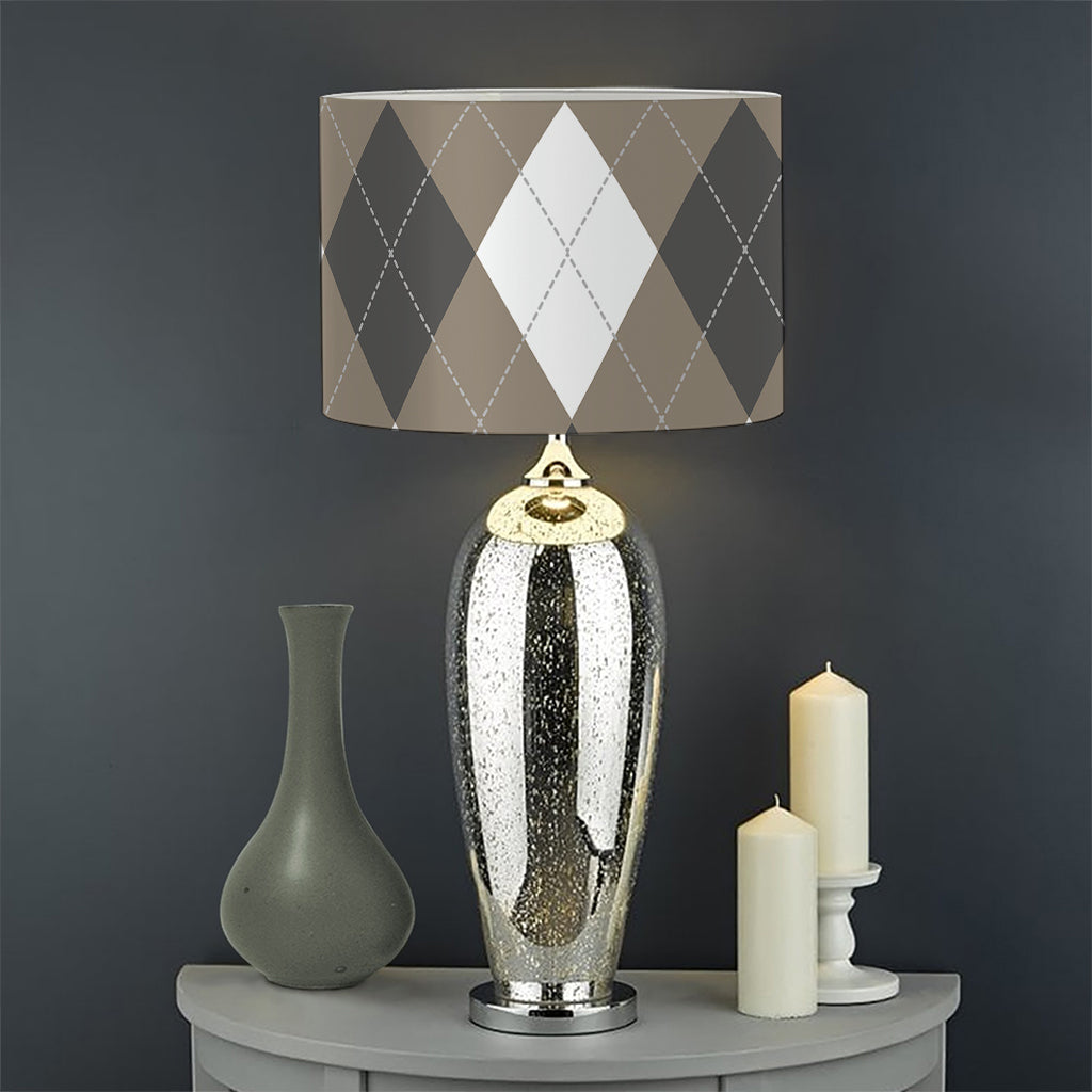 Brown And White Argyle Pattern Print Drum Lamp Shade