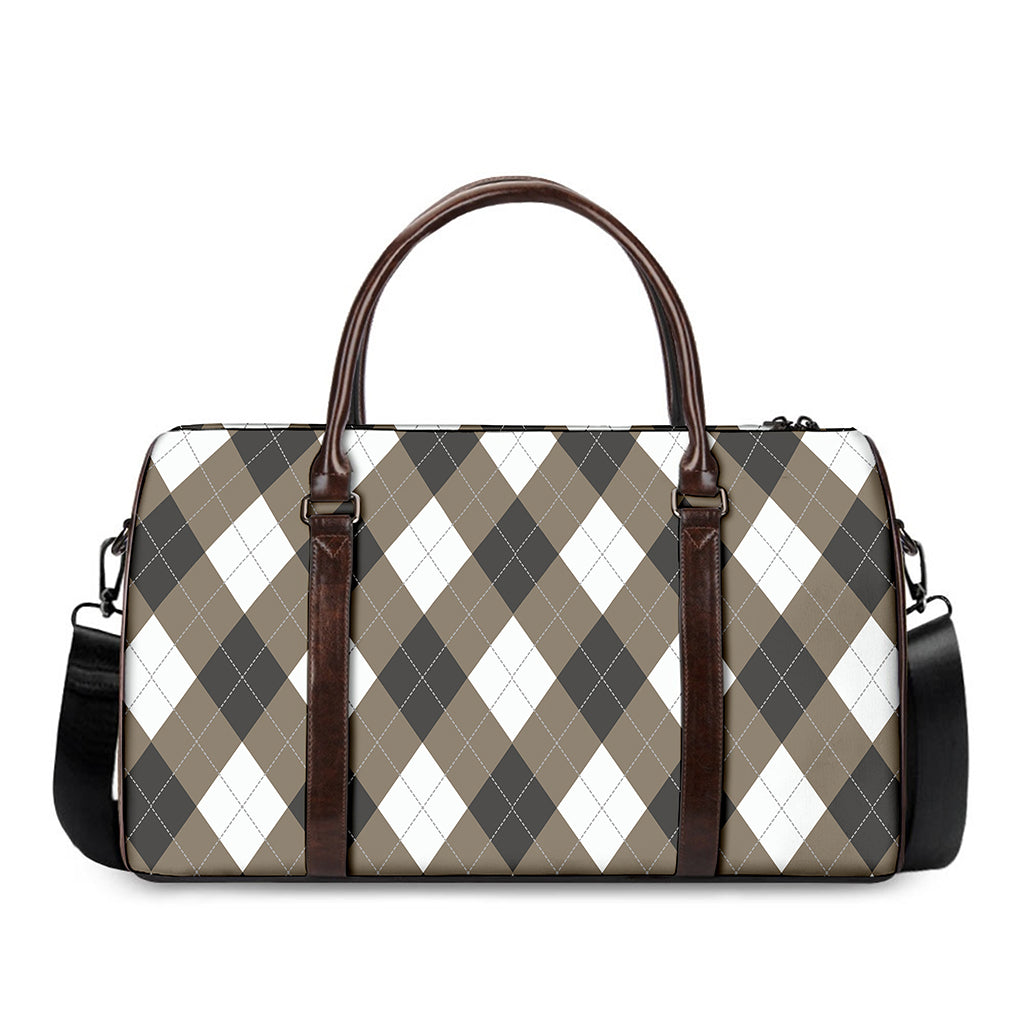 Brown And White Argyle Pattern Print Duffle Bag