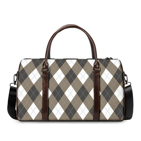 Brown And White Argyle Pattern Print Duffle Bag