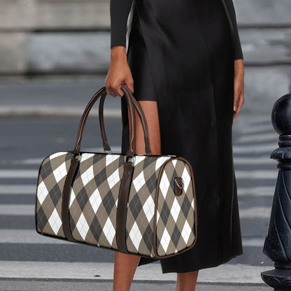 Brown And White Argyle Pattern Print Duffle Bag