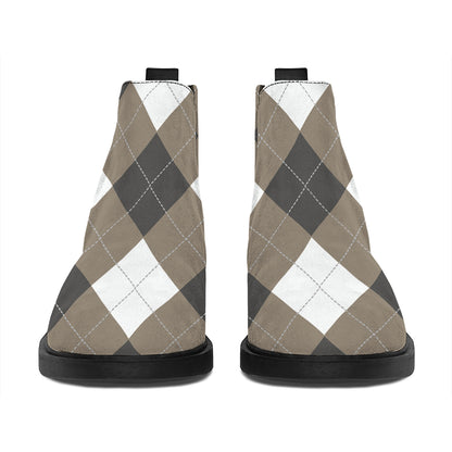 Brown And White Argyle Pattern Print Flat Ankle Boots