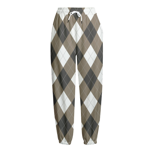 Brown And White Argyle Pattern Print Fleece Lined Knit Pants