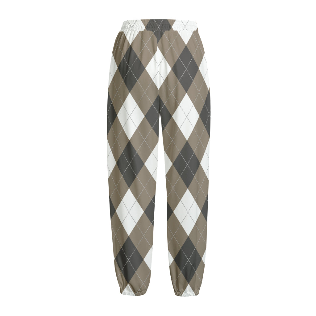 Brown And White Argyle Pattern Print Fleece Lined Knit Pants