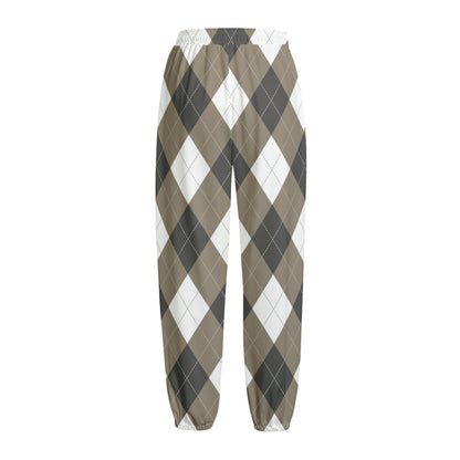 Brown And White Argyle Pattern Print Fleece Lined Knit Pants