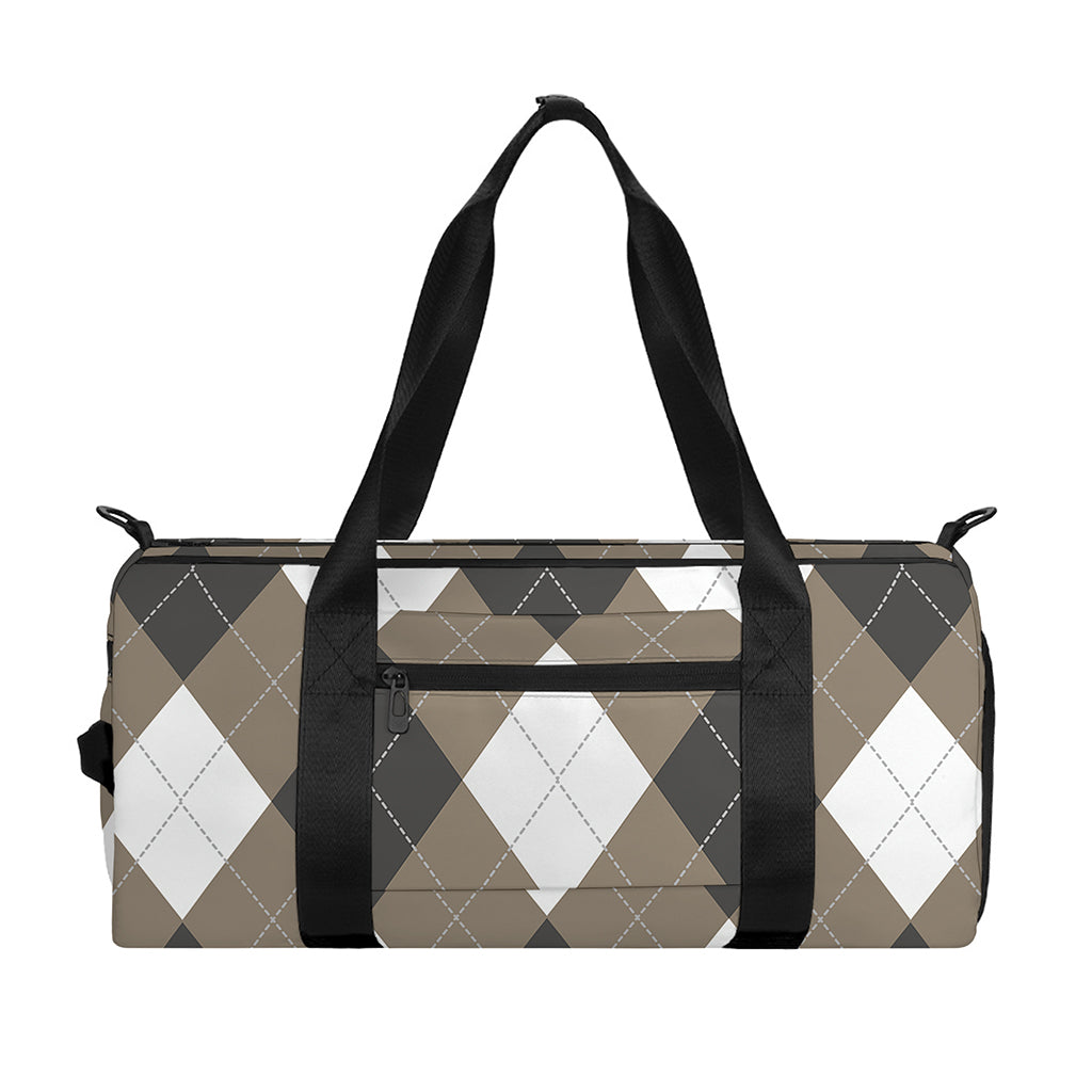 Brown And White Argyle Pattern Print Gym Bag