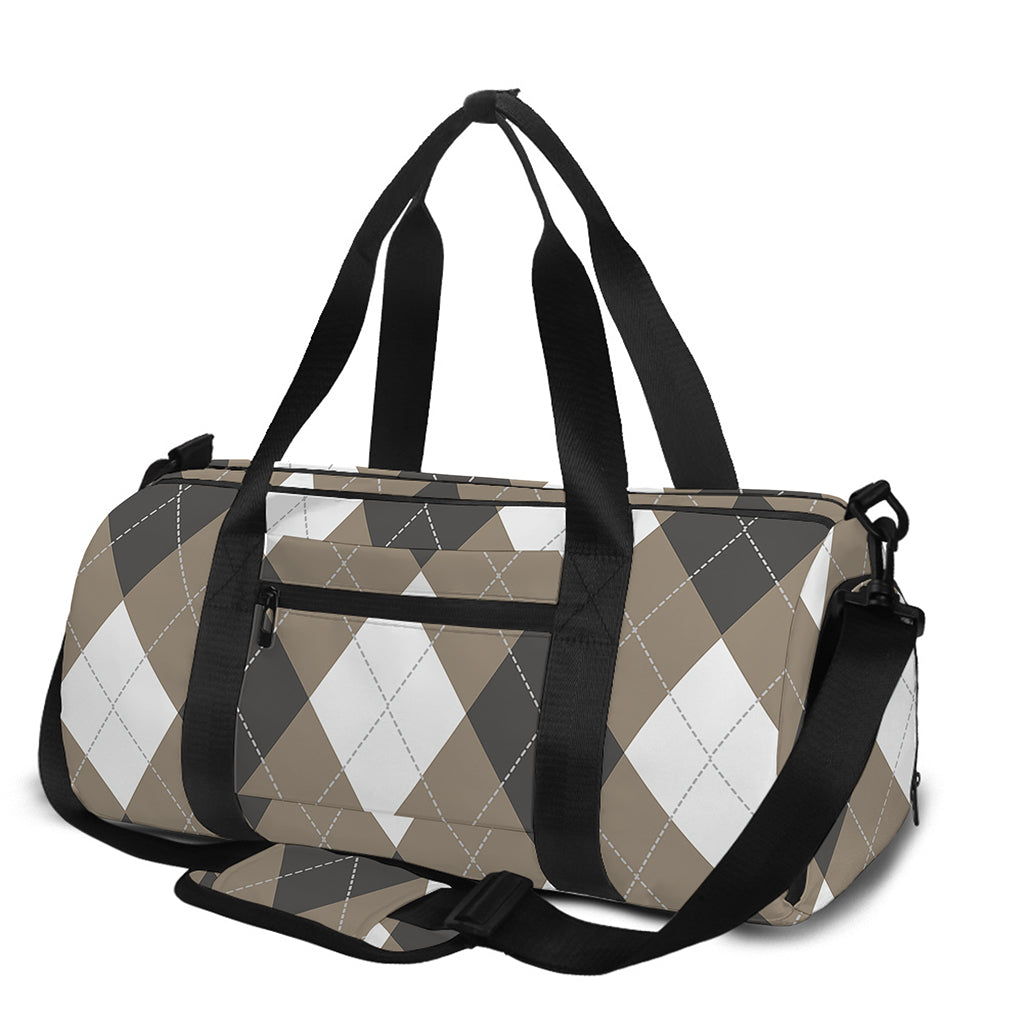 Brown And White Argyle Pattern Print Gym Bag