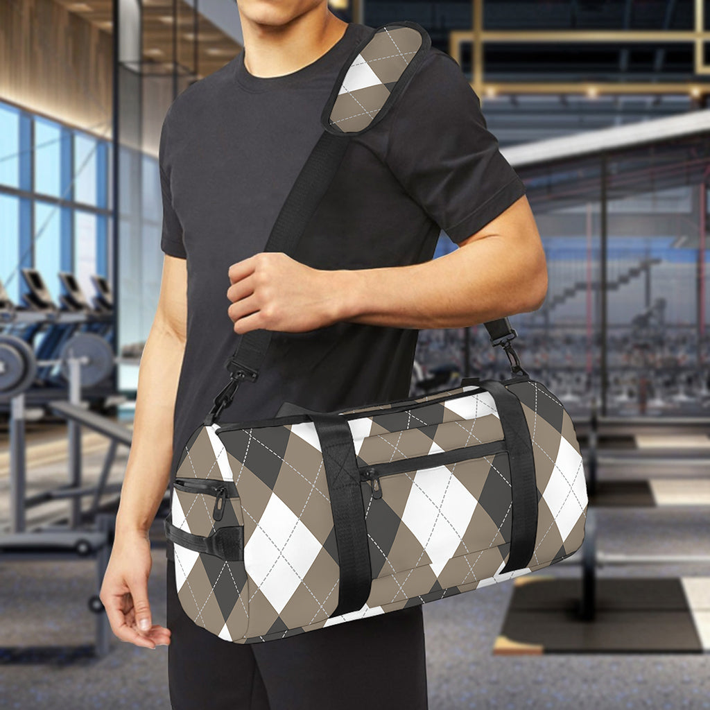Brown And White Argyle Pattern Print Gym Bag
