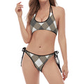 Brown And White Argyle Pattern Print Halter Scoop Tie Side Bikini