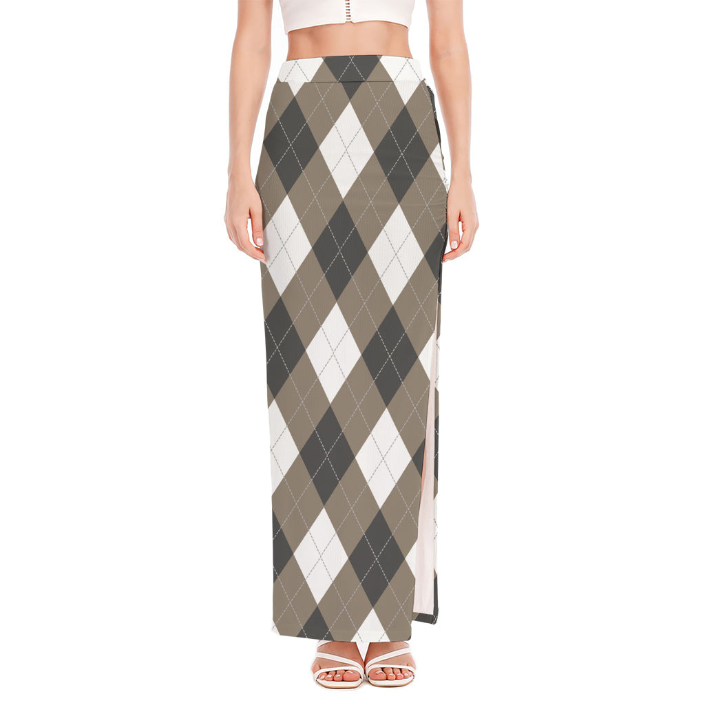 Brown And White Argyle Pattern Print High Slit Maxi Skirt