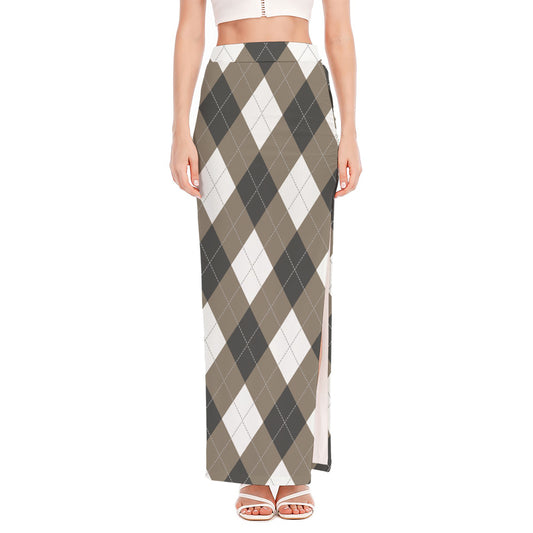 Brown And White Argyle Pattern Print High Slit Maxi Skirt