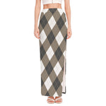 Brown And White Argyle Pattern Print High Slit Maxi Skirt