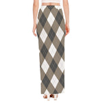 Brown And White Argyle Pattern Print High Slit Maxi Skirt