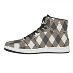 Brown And White Argyle Pattern Print High Top Leather Sneakers