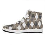 Brown And White Argyle Pattern Print High Top Leather Sneakers