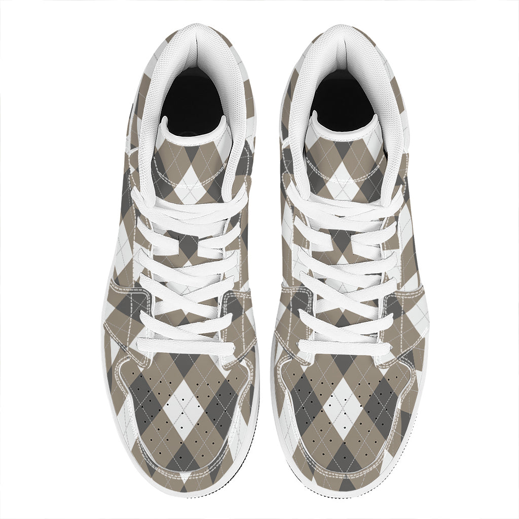 Brown And White Argyle Pattern Print High Top Leather Sneakers