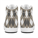 Brown And White Argyle Pattern Print High Top Leather Sneakers