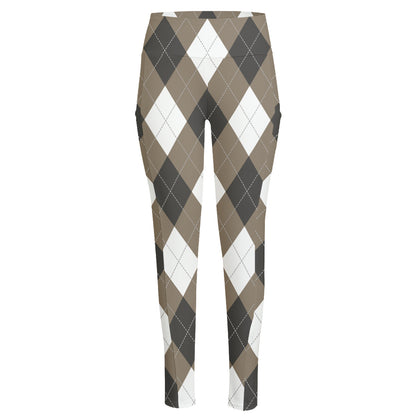Brown And White Argyle Pattern Print High-Waisted Pocket Leggings